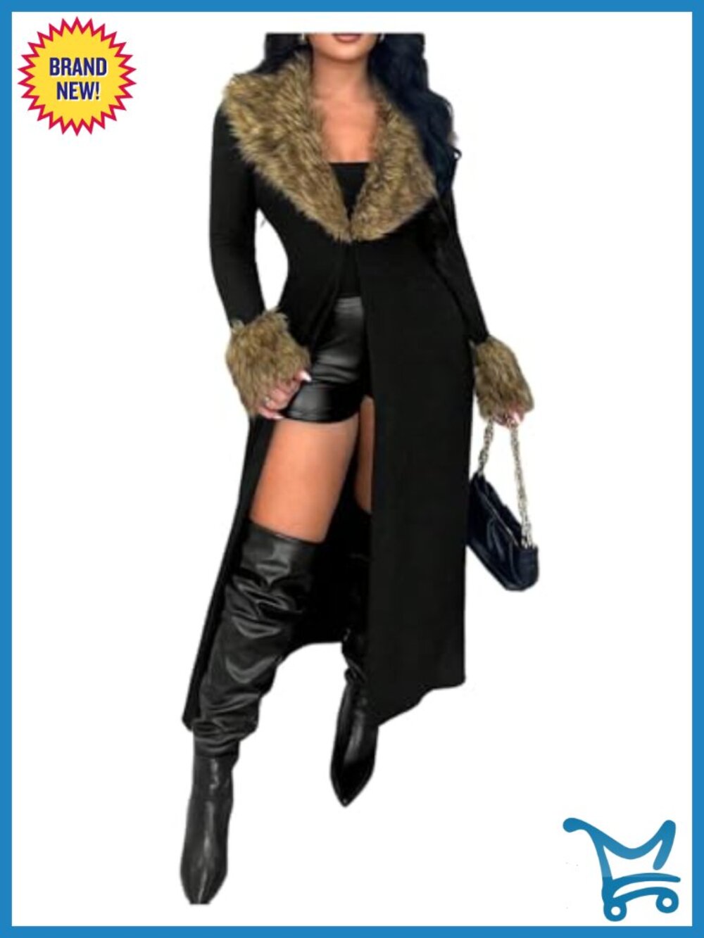Open Front Long Cardigan Sweater Faux Fur Trim Fuzzy Outerwear Coat